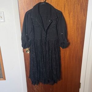 Elegant Black Lace Dress with Denim Jacket